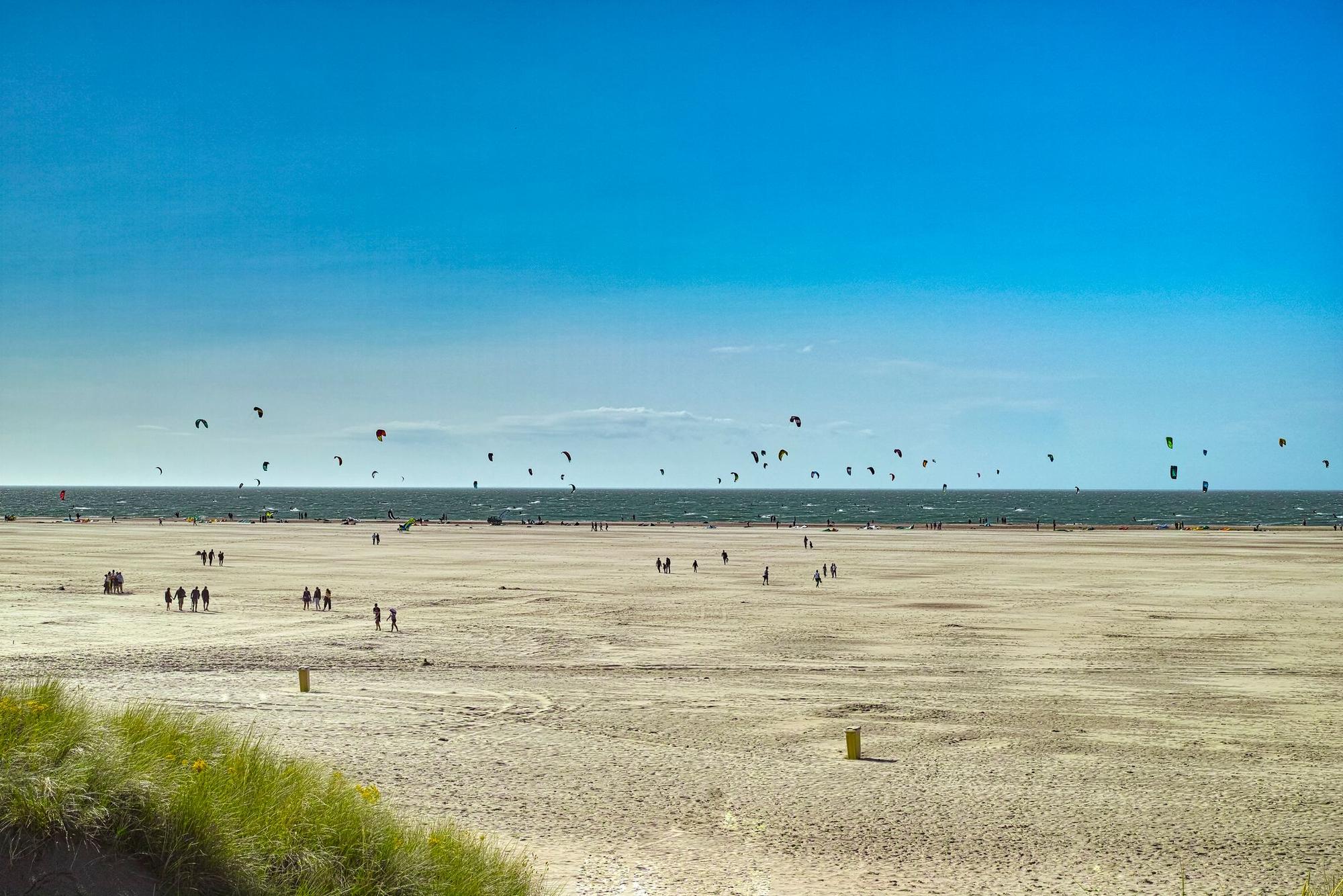 Kitesurfer gehen am Strand von Renesse ihrem Hobby nach.