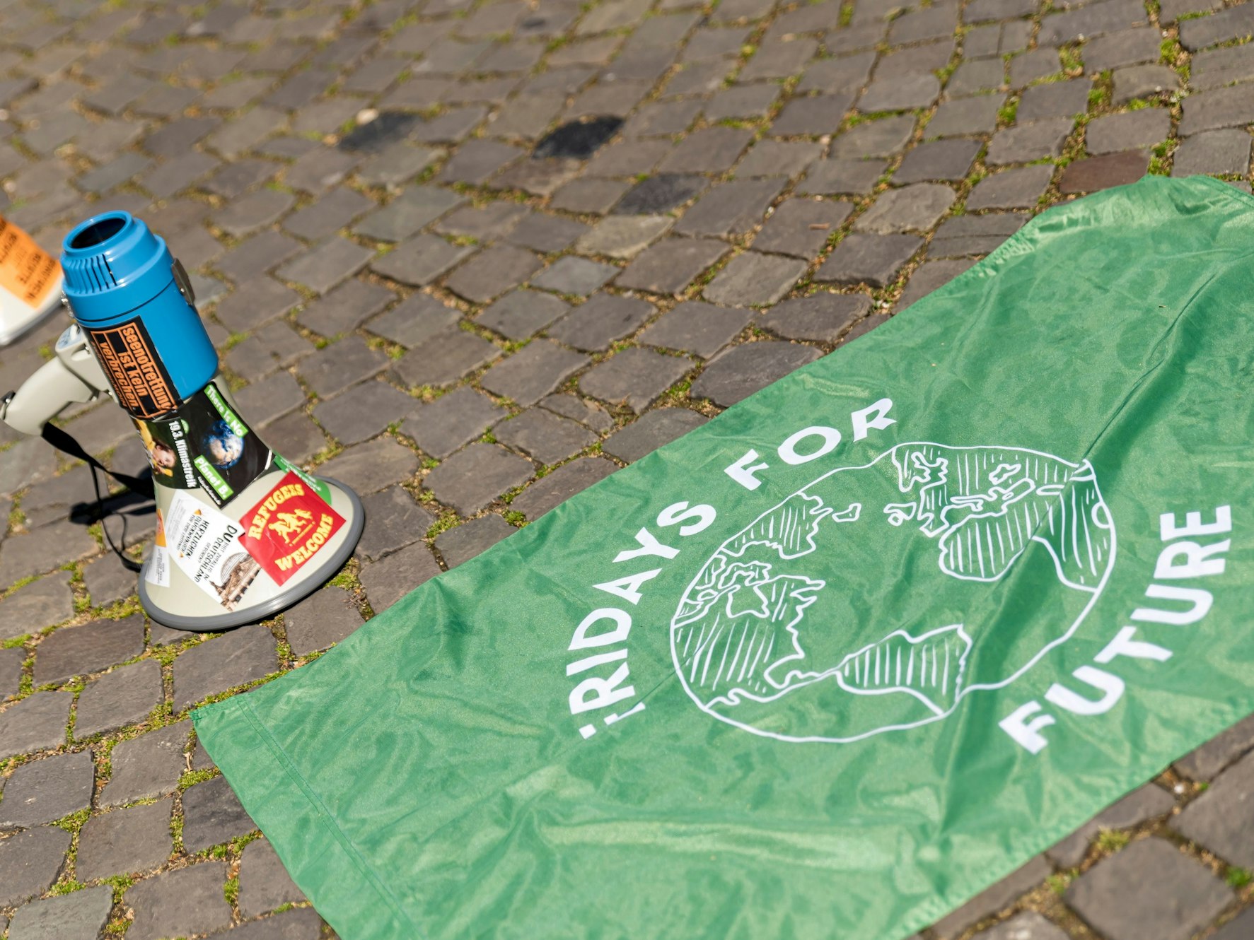 Eine Fahne von Fridays for Future. Daneben steht ein Megafon.