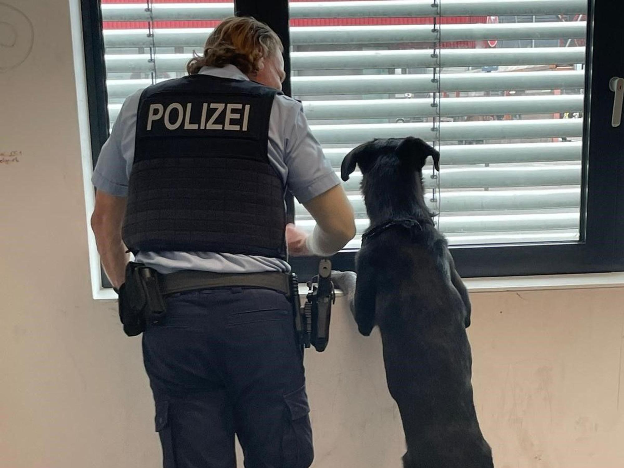 Ein Polizeibeamter und Hund Balou schauen aus dem Fenster.