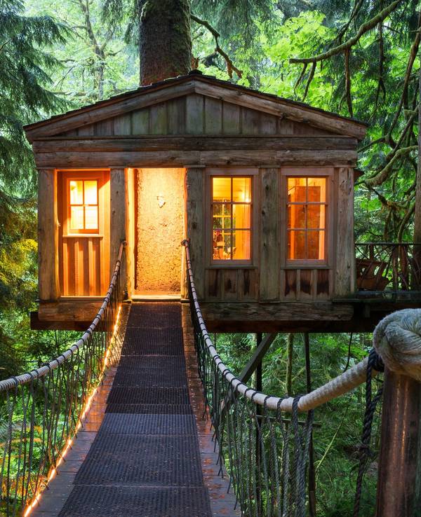 Ein erleuchtetes Baumhaus im Wald.