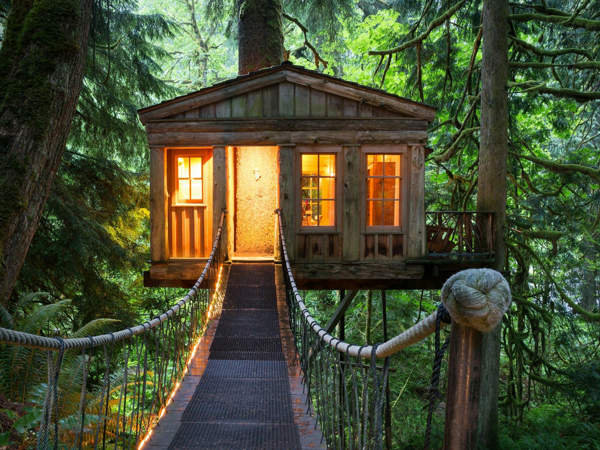 Ein erleuchtetes Baumhaus im Wald.