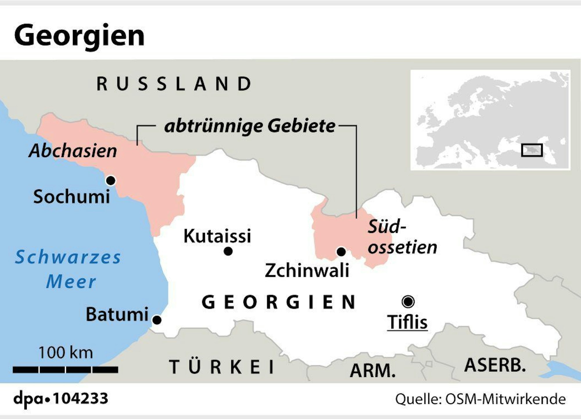 Georgien mit den abtrünnigen Regionen Abchasien und Südossetien