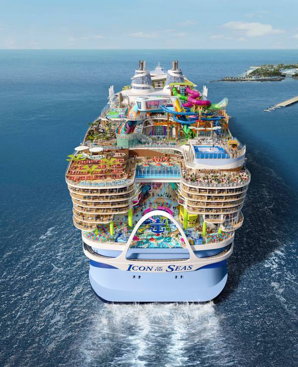 Diese Darstellung der Kreuzfahrtgesellschaft Royal Caribbean International zeigt das größte Kreuzfahrtschiff der Welt, die „Icon of the Seas“.
