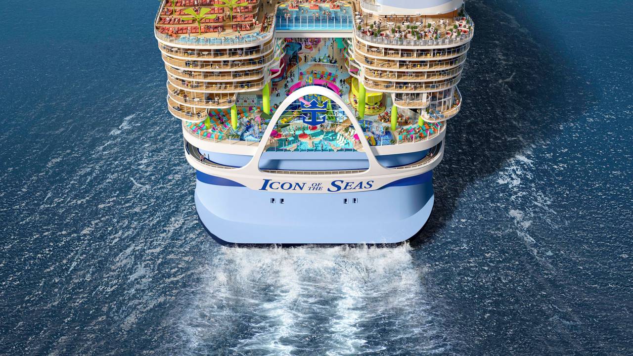 Diese Darstellung der Kreuzfahrtgesellschaft Royal Caribbean International zeigt das größte Kreuzfahrtschiff der Welt, die „Icon of the Seas“.