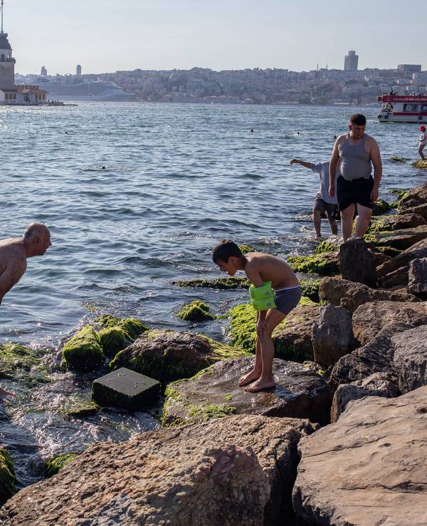 Menschen springen am Bosporus ins Meer, um sich abzukühlen.