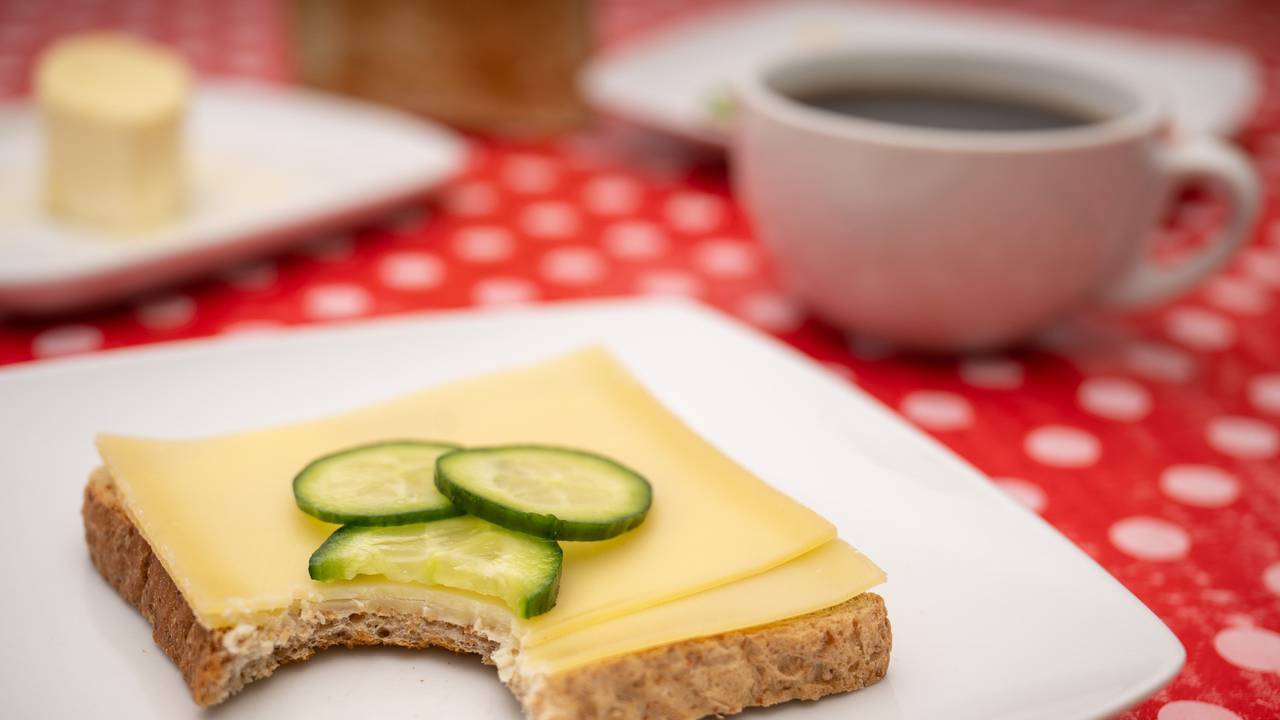 Ein Toastbrot mit Käse liegt auf einem Teller.