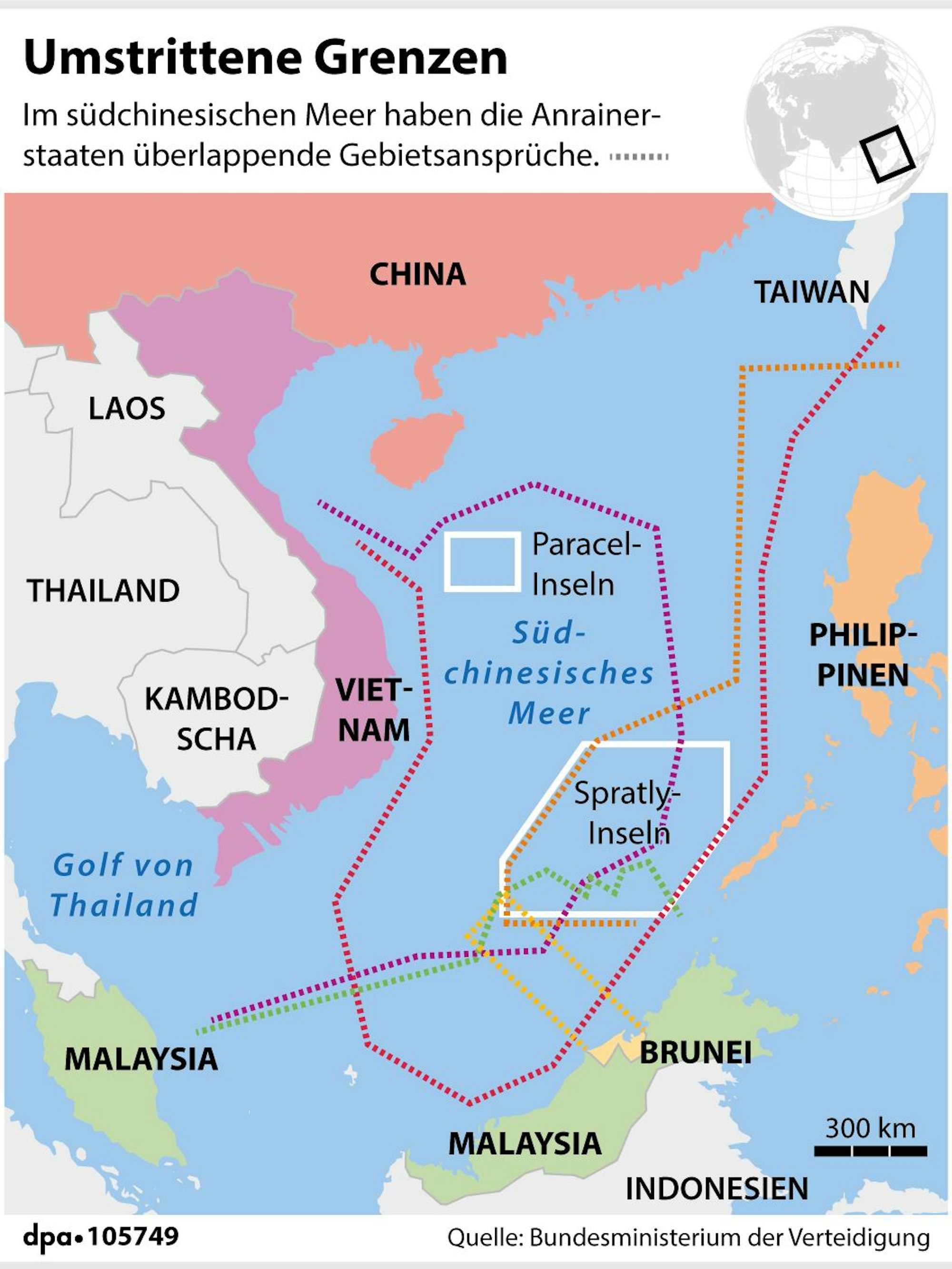 China rüstet auf: Die Grafik zeigt die umstrittenen Seegrenzen im Südchinesischen Meer.