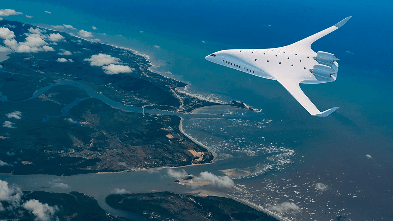 Sieht so bald unser Mallorca-Urlaub aus? Fliegen wir bald mit einem Flugzeug mit „Blended Wing Body“ statt mit einer Boeing 747 Richtung Balearen? Unser Foto zeigt eine Illustration des Start-ups JetZero, das nun einen Prototyp bauen will.