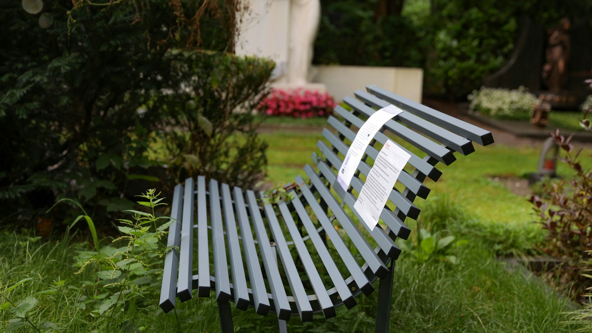 Sitzbank auf dem Melatenfriedhof in Köln. Darauf ein Zettel der Stadt Köln.