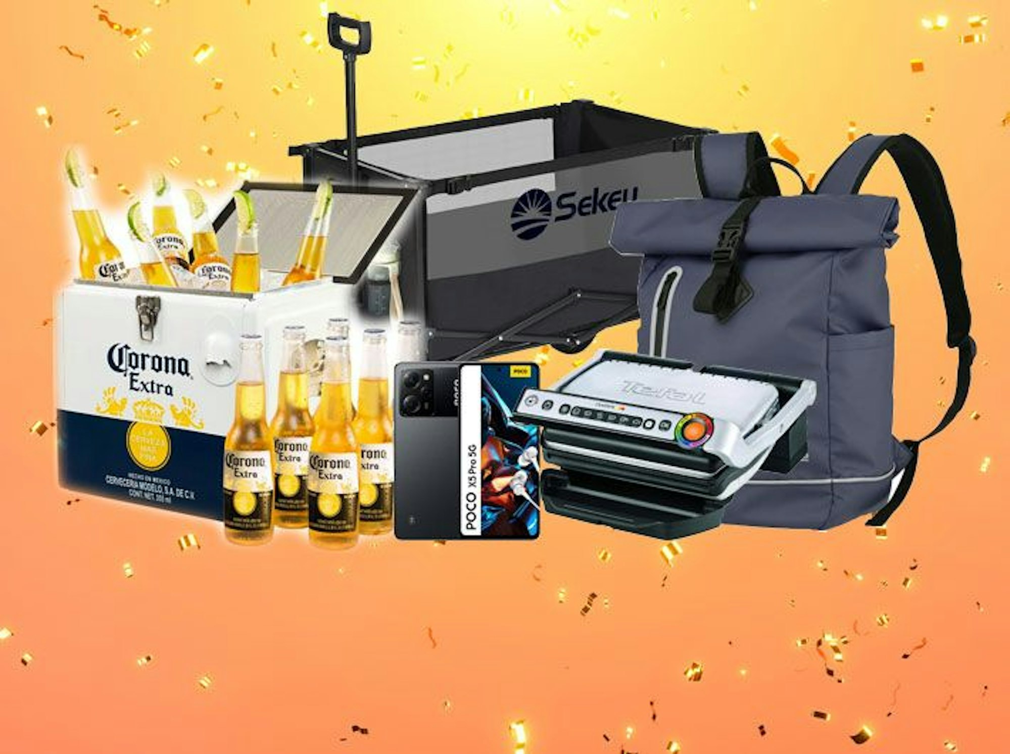 Auf dem Bild sind Produkte zu sehen, die in dem Artikel beworben werden. Zum Beispiel ein Xiaomi Smartphone, ein Rucksack und ein Bollerwagen.