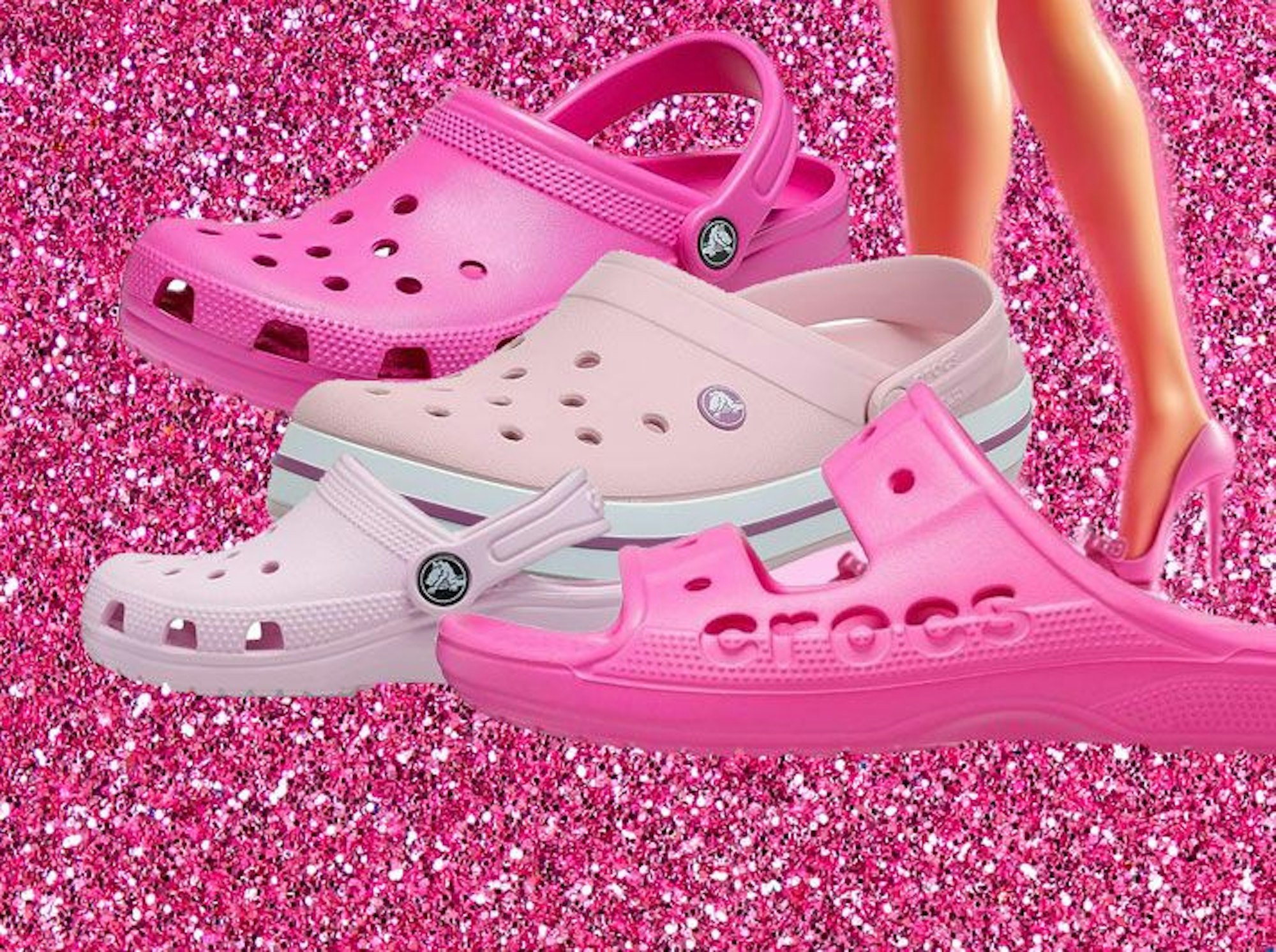 Auf dem Bild sind 4 unterschiedliche Crocs in pink rosa abgebildet.