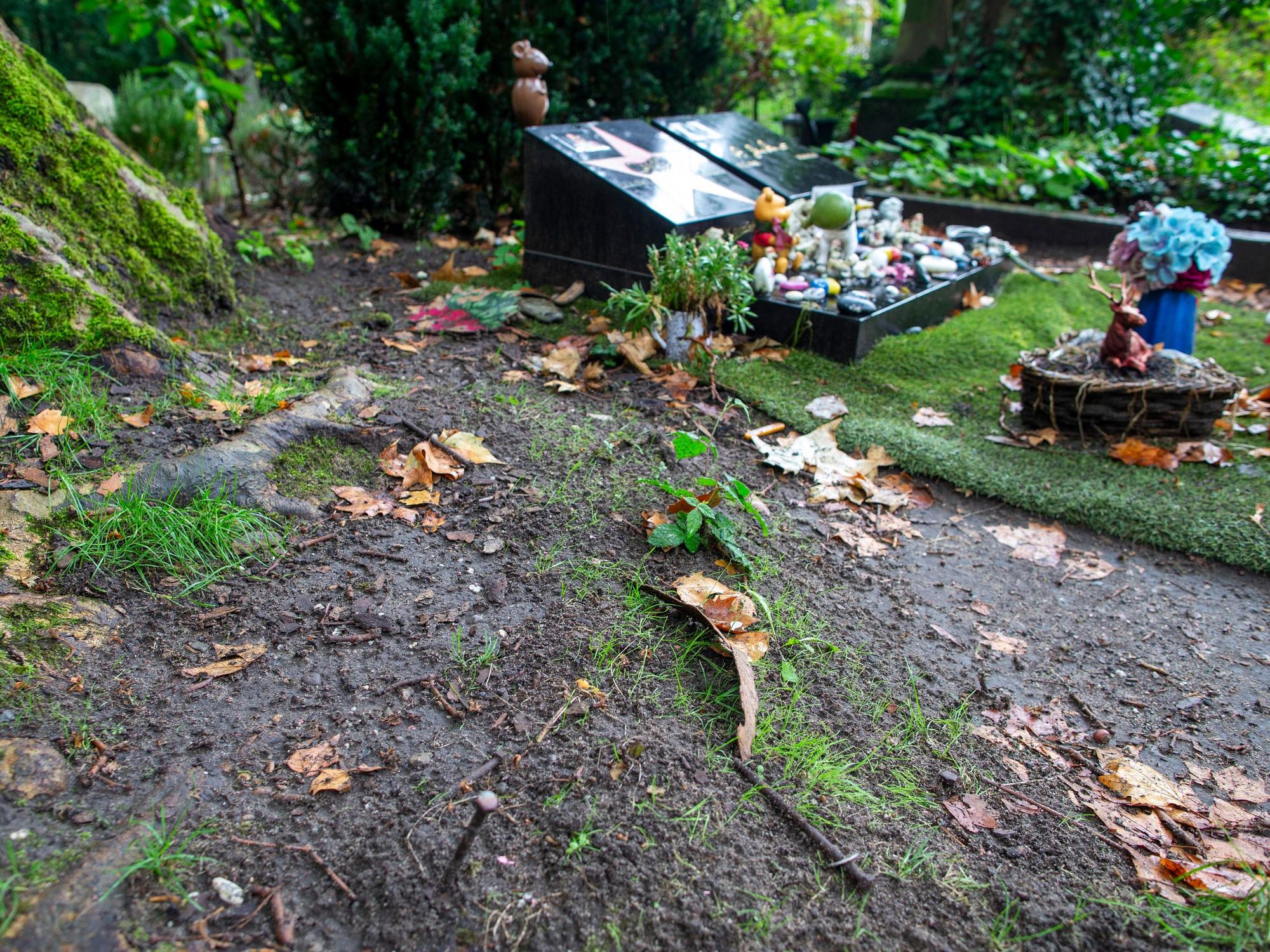 Köln: Blick auf das Grab des Comedians Dirk Bach auf dem Friedhof Melaten, von dem die pinkfarbene Bank entwendet worden ist.