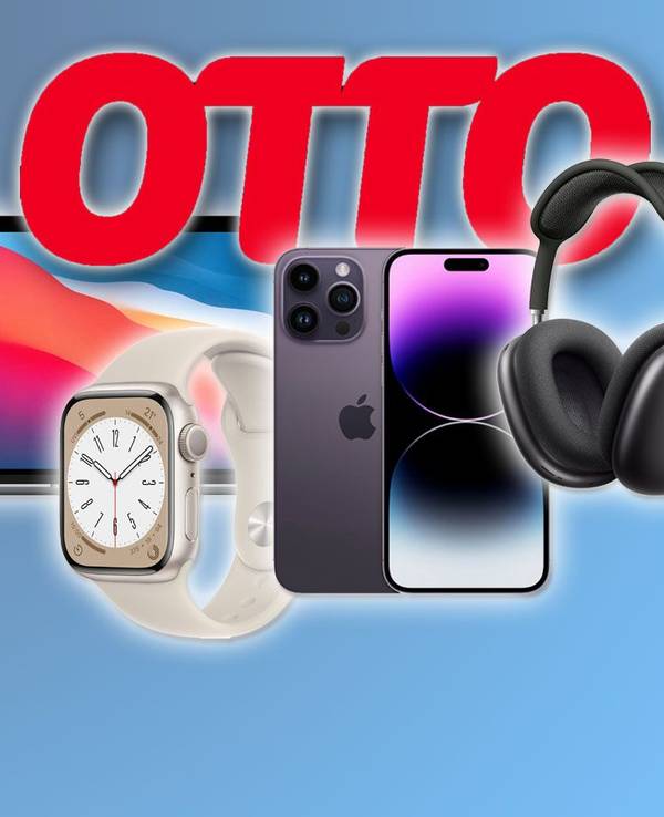 Otto Logo, Apple MacBook Air, iPhone 14, Apple Watch Series 8 und Apple AirPods Pro Max.
