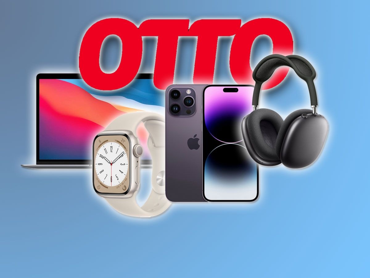 Otto Logo, Apple MacBook Air, iPhone 14, Apple Watch Series 8 und Apple AirPods Pro Max.
