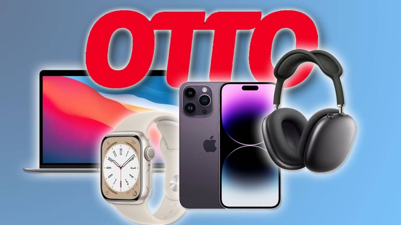 Otto Logo, Apple MacBook Air, iPhone 14, Apple Watch Series 8 und Apple AirPods Pro Max.