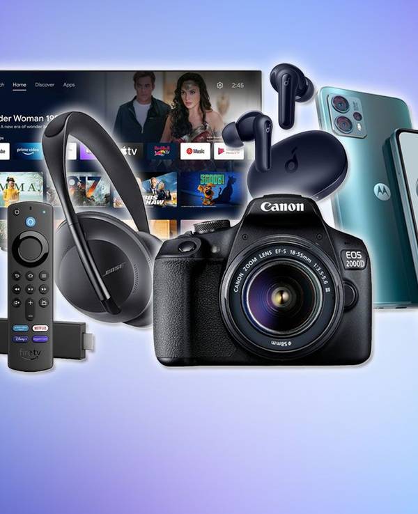 u.a. Canon Spiegelreflexkamera, Soundcore Kopfhörer, Bose Kopfhörer und Motorola Smartphone.
