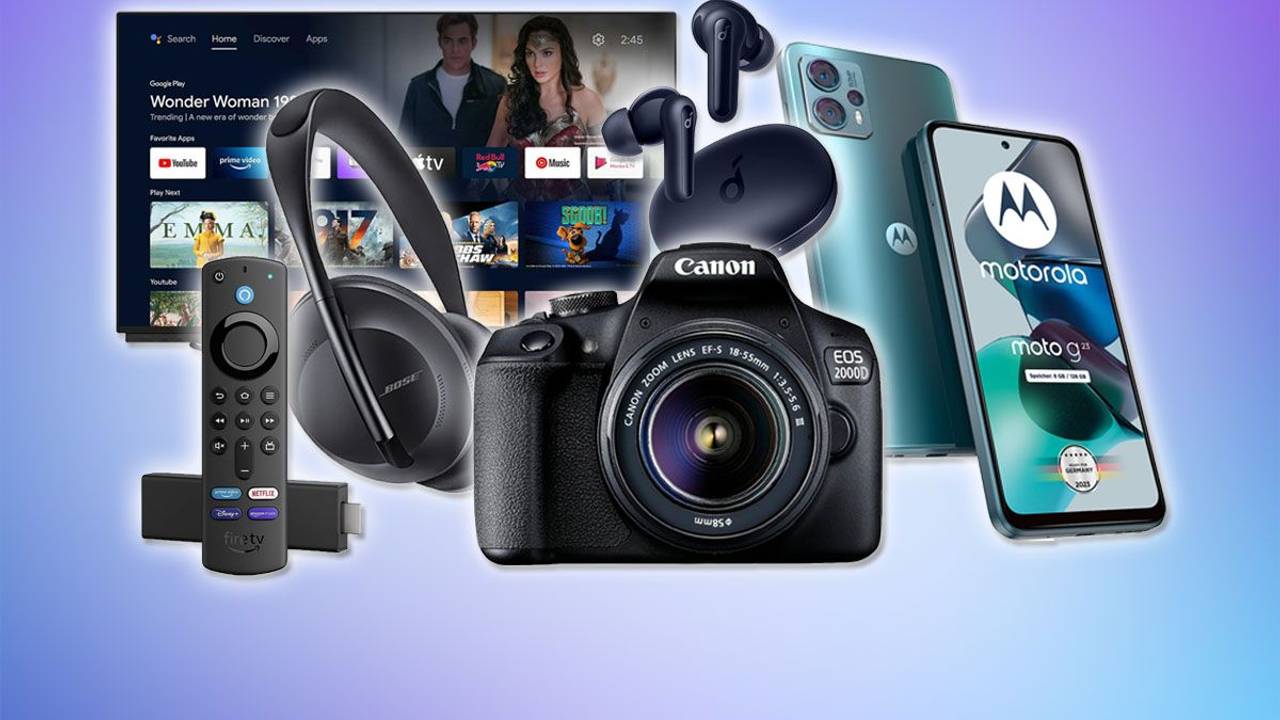 u.a. Canon Spiegelreflexkamera, Soundcore Kopfhörer, Bose Kopfhörer und Motorola Smartphone.