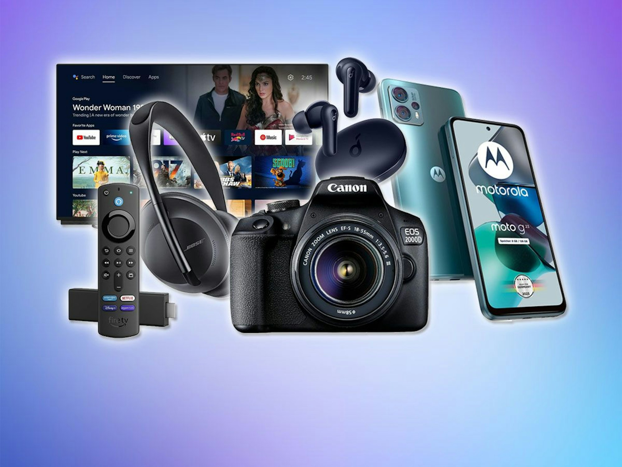 u.a. Canon Spiegelreflexkamera, Soundcore Kopfhörer, Bose Kopfhörer und Motorola Smartphone.