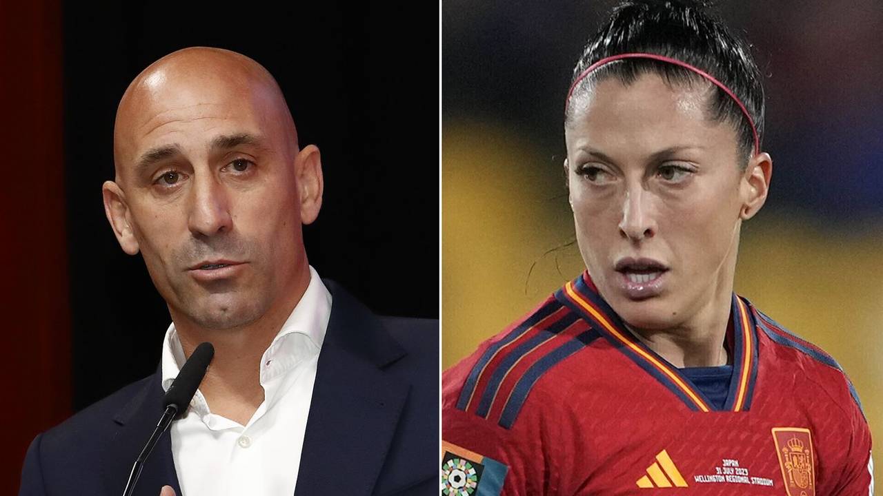 Die Bildkombo zeigt Jennifer Hermoso (r), spanische Fußballspielerin, nach einer vergebenen Torchance während des Frauenfußball-WM-Spiels der Gruppe C zwischen Japan und Spanien in Wellington, Neuseeland, am 31.07.2023 und Luis Rubiales, Präsident des spanischen Fußballverbandes RFEF, bei der Außerordentlichen Generalversammlung des Verbandes in Madrid am 25.08.2023.