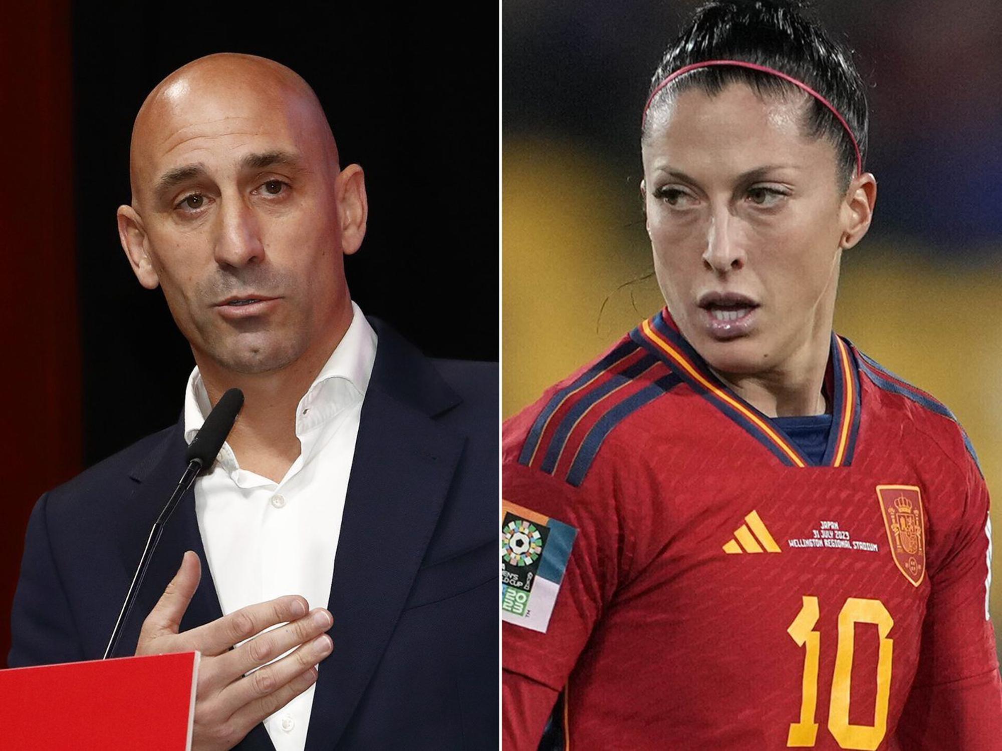 Die Bildkombo zeigt Jennifer Hermoso (r) nach einer vergebenen Torchance und Luis Rubiales bei der Außerordentlichen Generalversammlung des Verbandes.