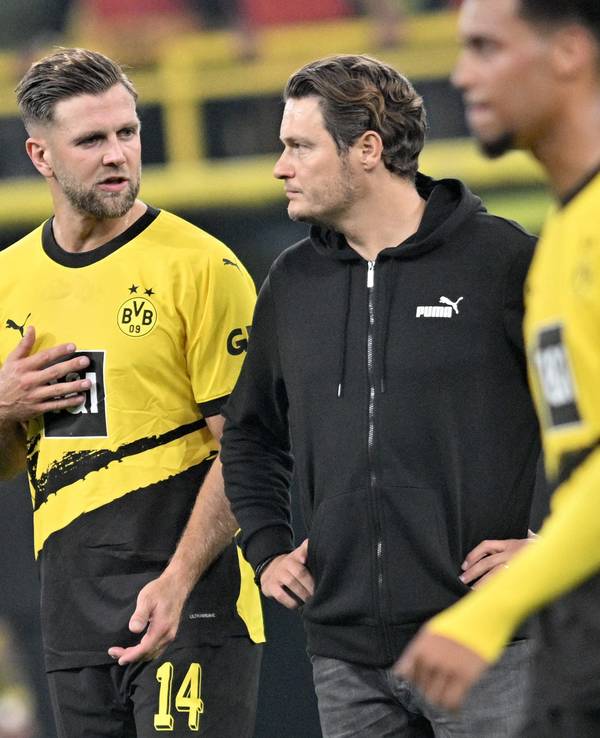 Dortmunds Trainer Edin Terzic (M) und Niclas Füllkrug stehen nach dem Spiel auf dem Platz.