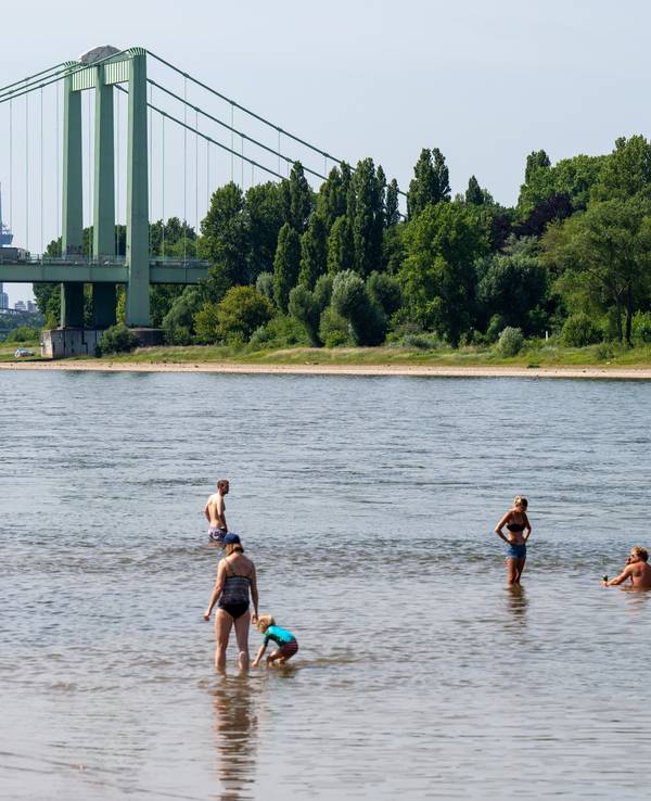 Menschen baden an der Rodenkirchener Riviera im Rhein.