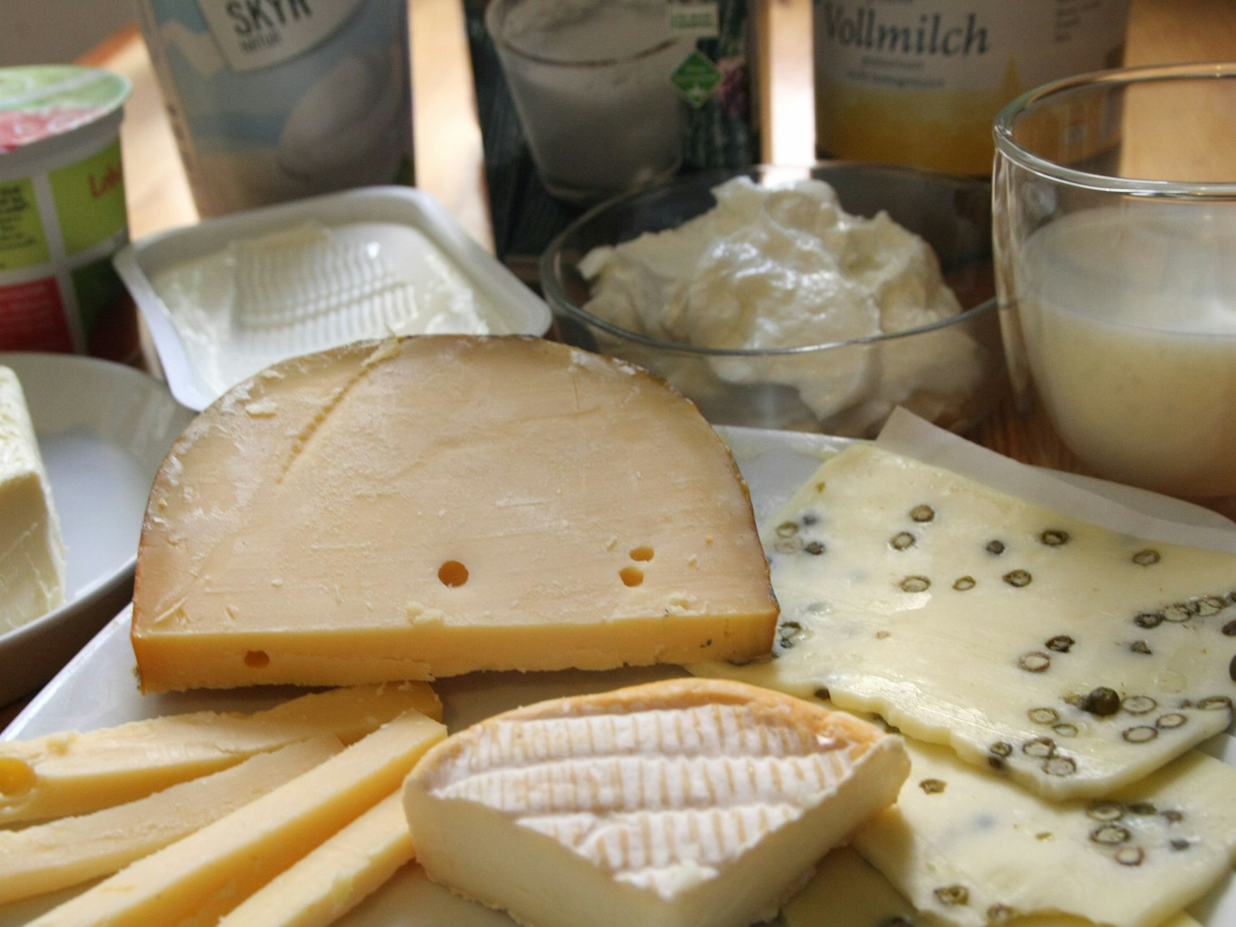 Eine Auswahl an Käse- und Milchprodukten steht auf einem Tisch.