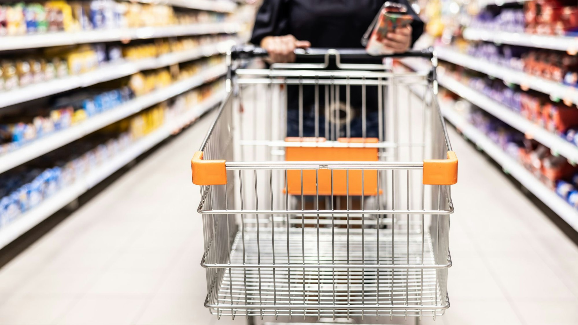 Ein Einkaufswagen wird durch einen Lebensmittelladen geschoben.