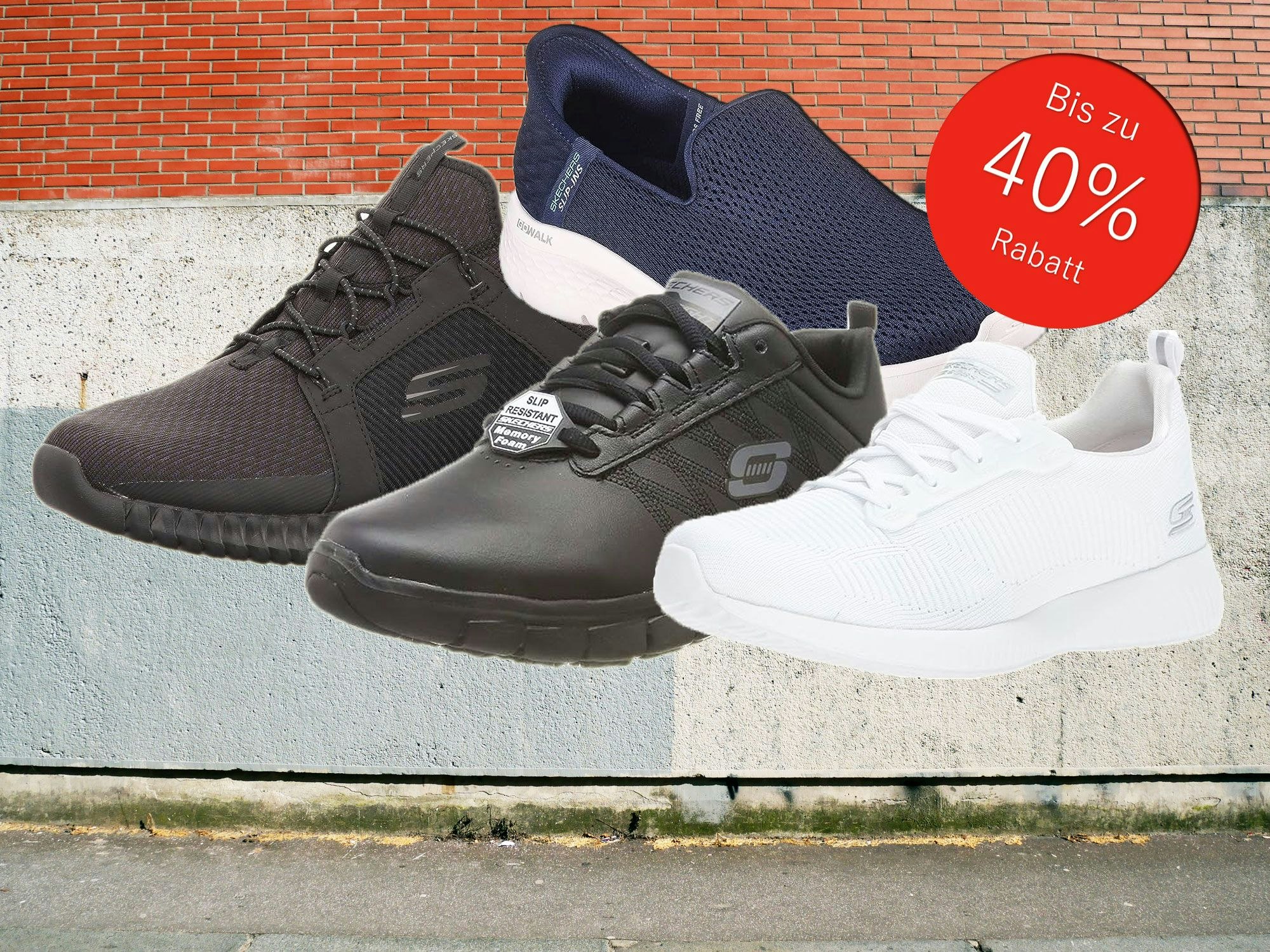Auf dem Bild sind 4 Schuh-Modelle der Marke Skechers zu sehen.