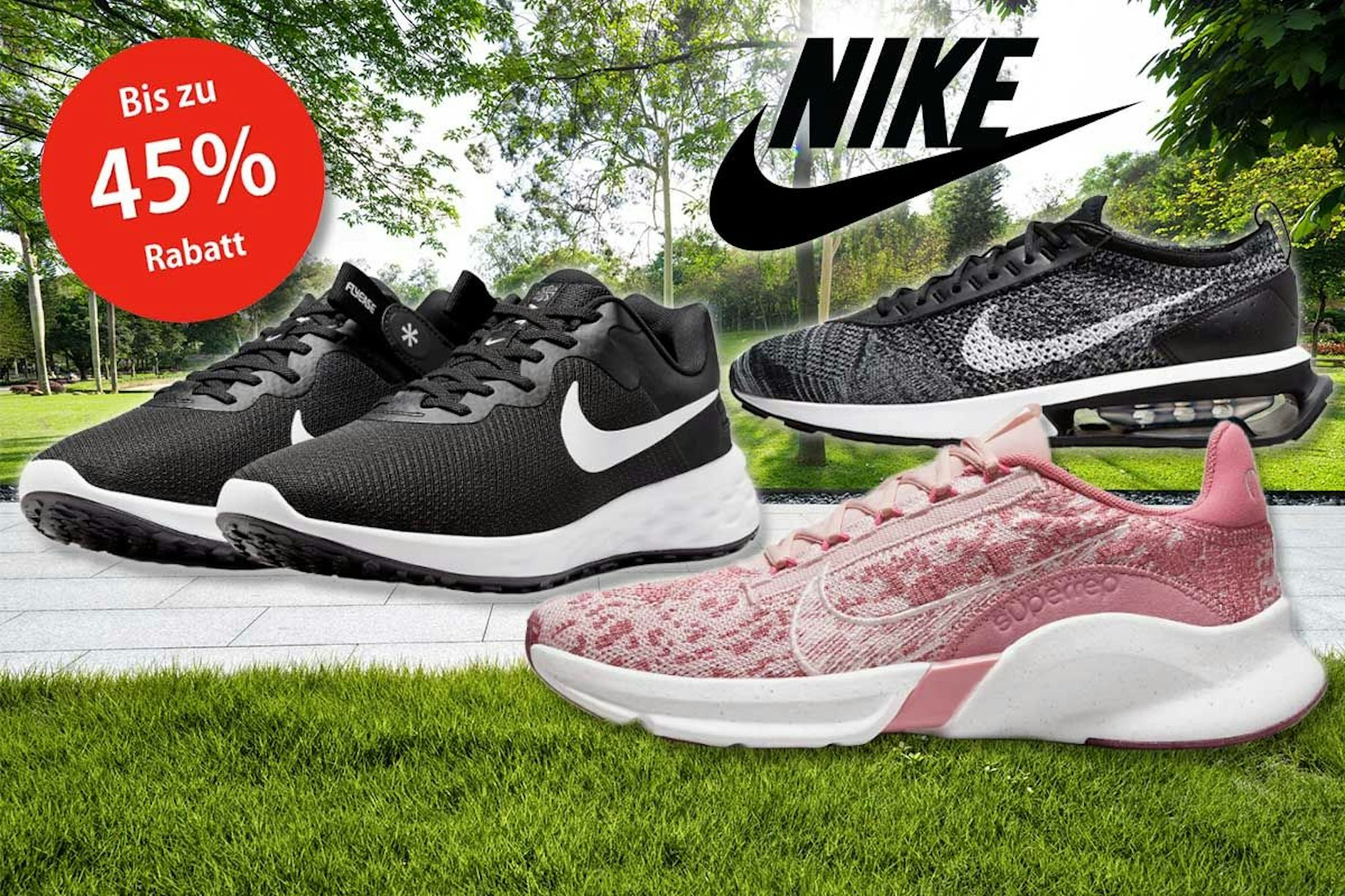Nike Sneaker mit Nike Flyknit oder FlyEase vor Parkanlage im Hintergrund.