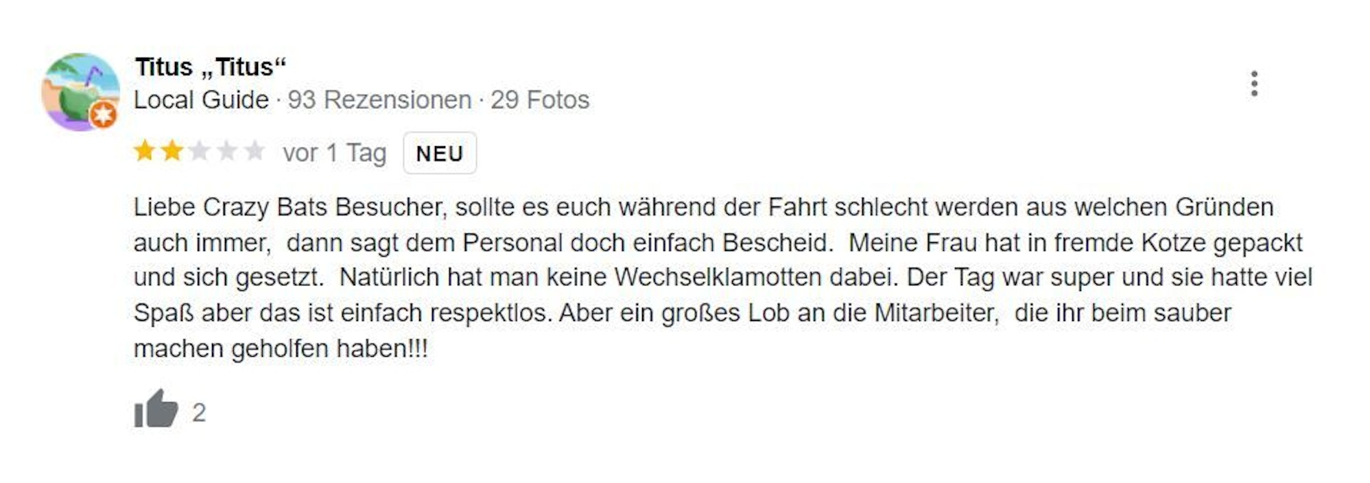Screenshot einer Bewertung des Phantasialands bei Google