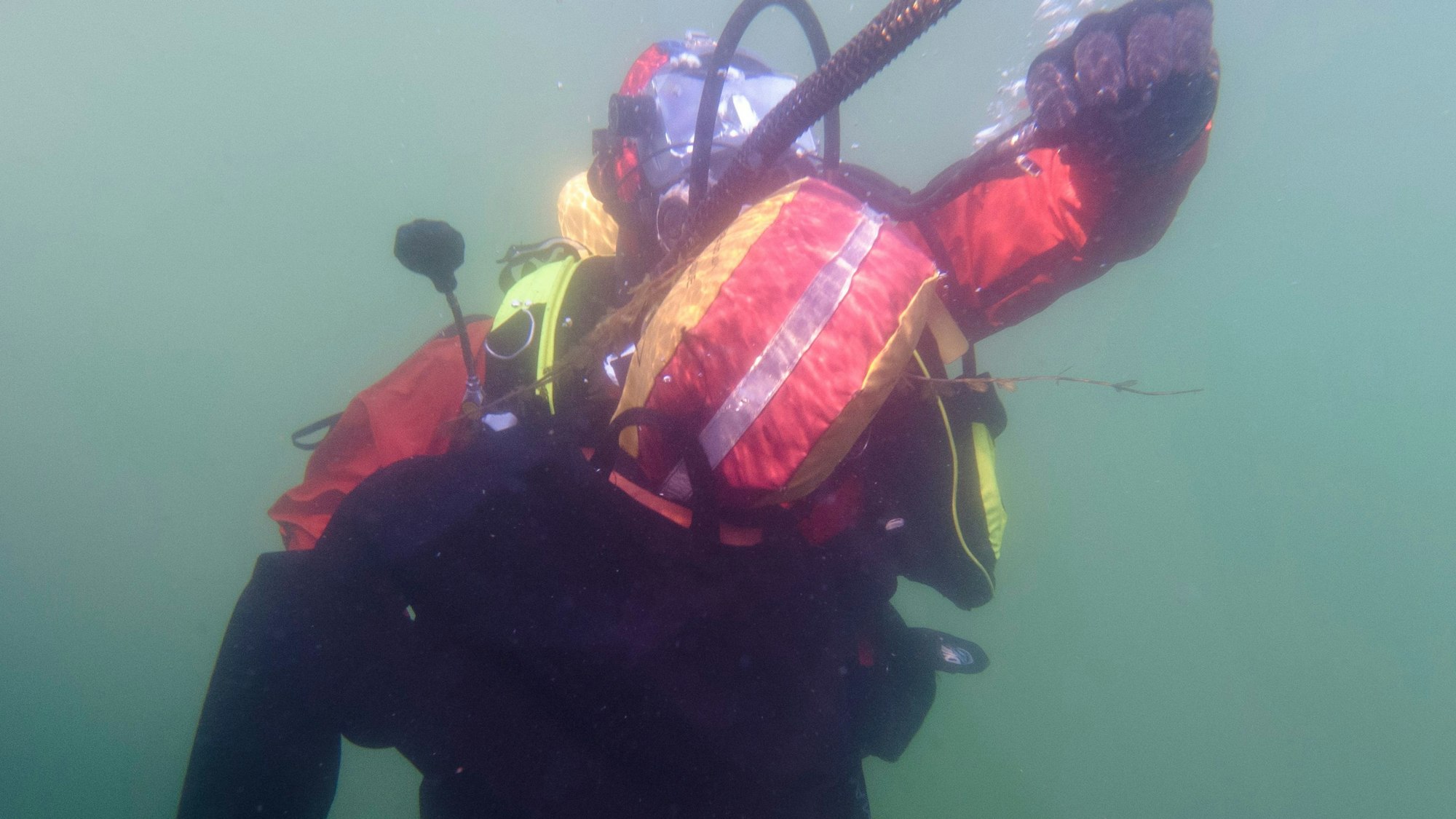 Ein Rettungstaucher der Berufsfeuerwehr taucht im Fühlinger See.