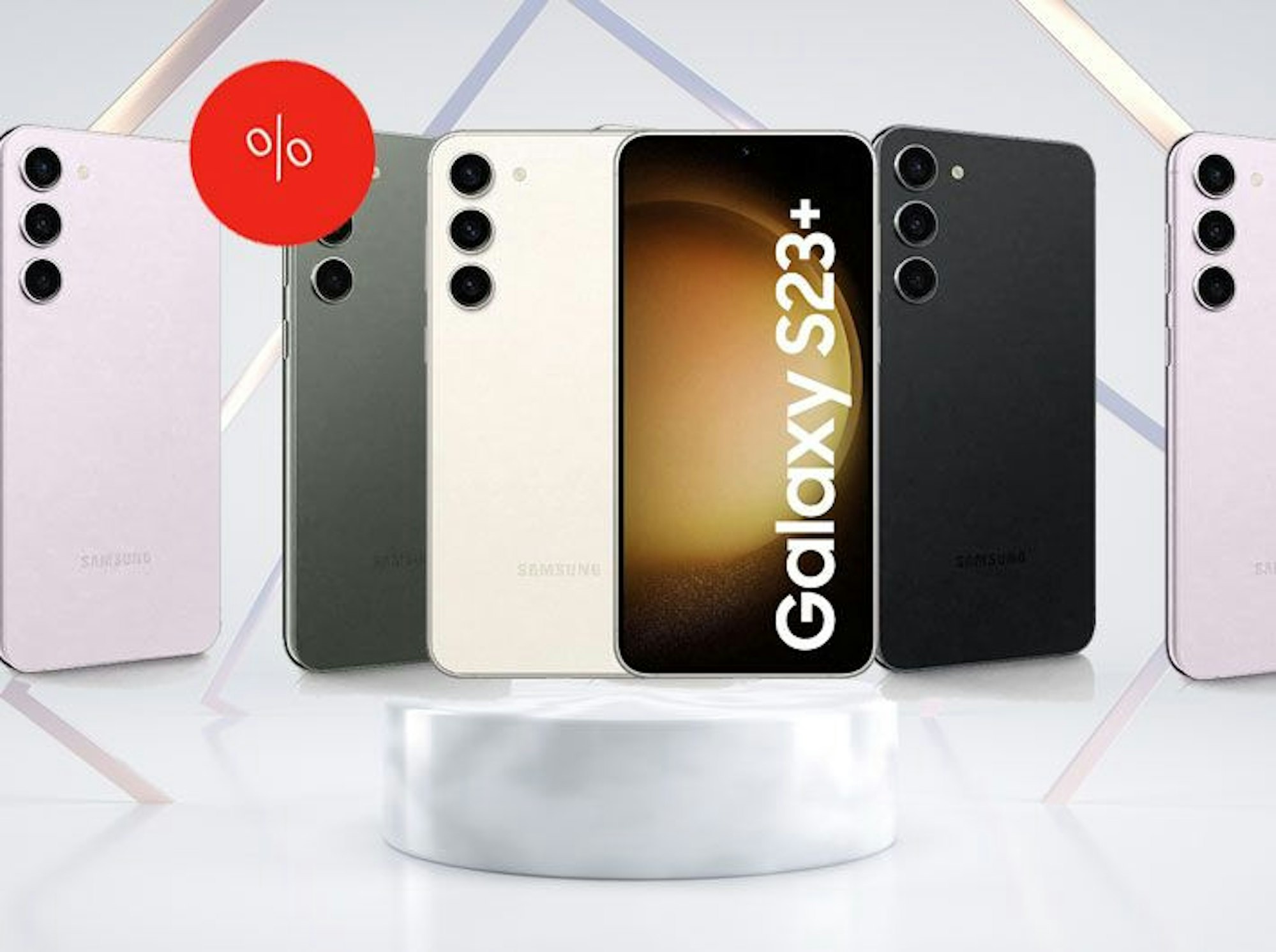 Auf dem Bild ist das Samsung Galaxy S23+ in all seinen Farben zu sehen.