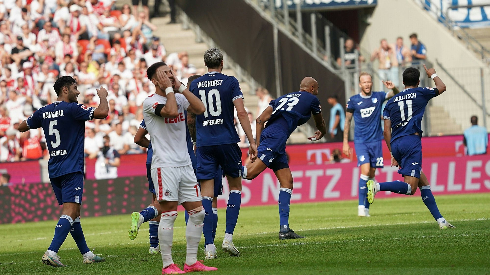 Florian Grillitsch jubelt mit seinen Kollegen, während Leart Pacarada die Hände vor dem Gesicht zusammenschlägt.