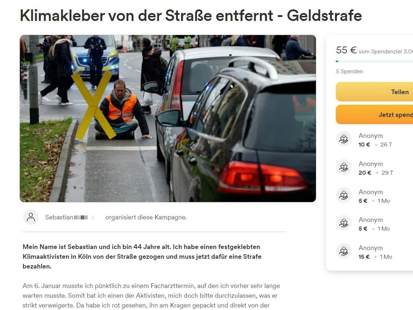 Screenshot einer Spendenkampagne, bei der die einzelnen Spenden aufgelistet sind.