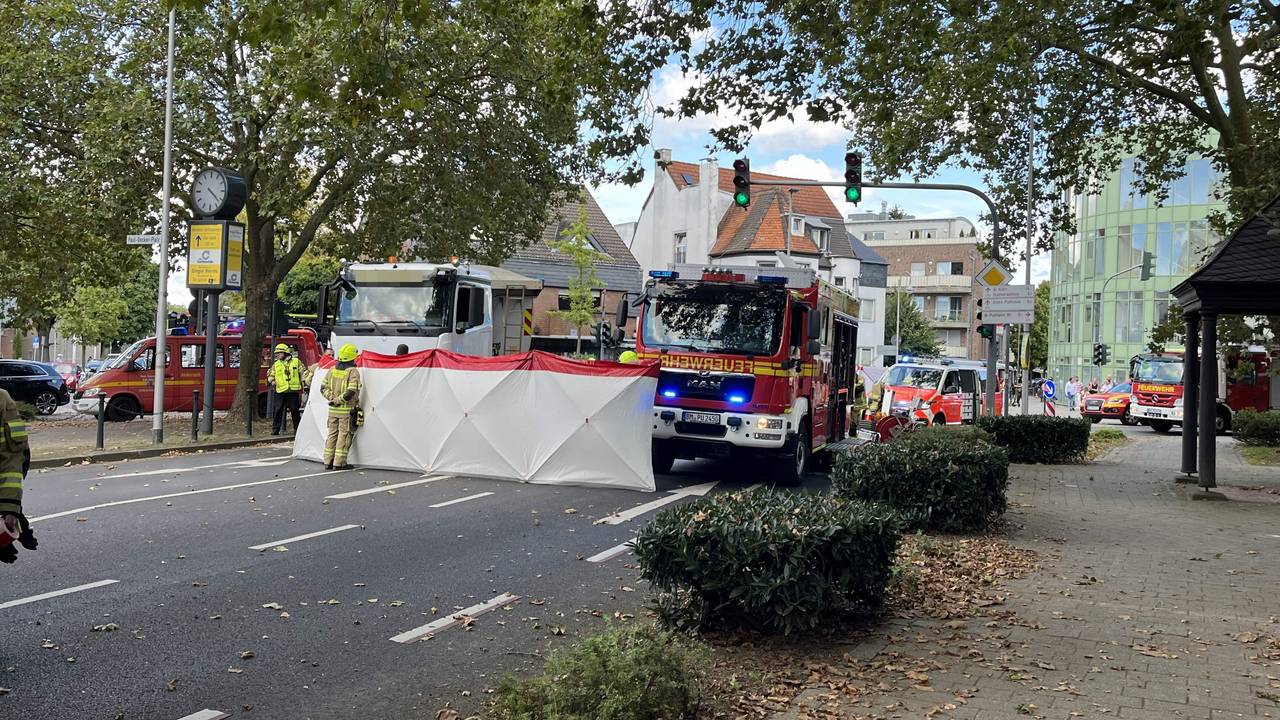 Einsatzfahrzeuge stehen neben einem Lkw auf einer Straße, davor ist ein mannshoher Sichtschutz aufgebaut.