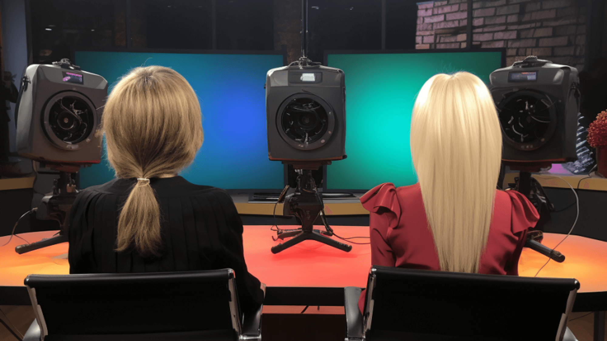 Zwei TV-Moderatorinnen, die im Studio sitzen.