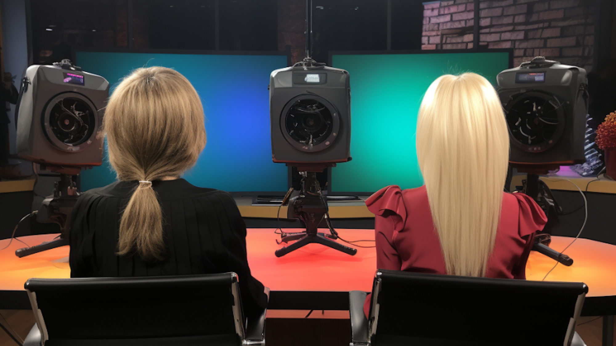 Zwei TV-Moderatorinnen, die im Studio sitzen.