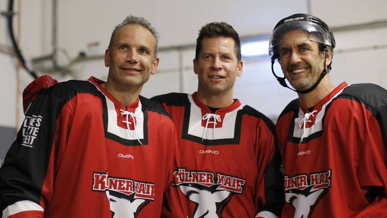 Mirko Lüdemann, Bernie Thelen, Mirko Lüdemann und Dave McLlwain beim Eishockey-Abschiedsspiel von Mirko Lüdemann.