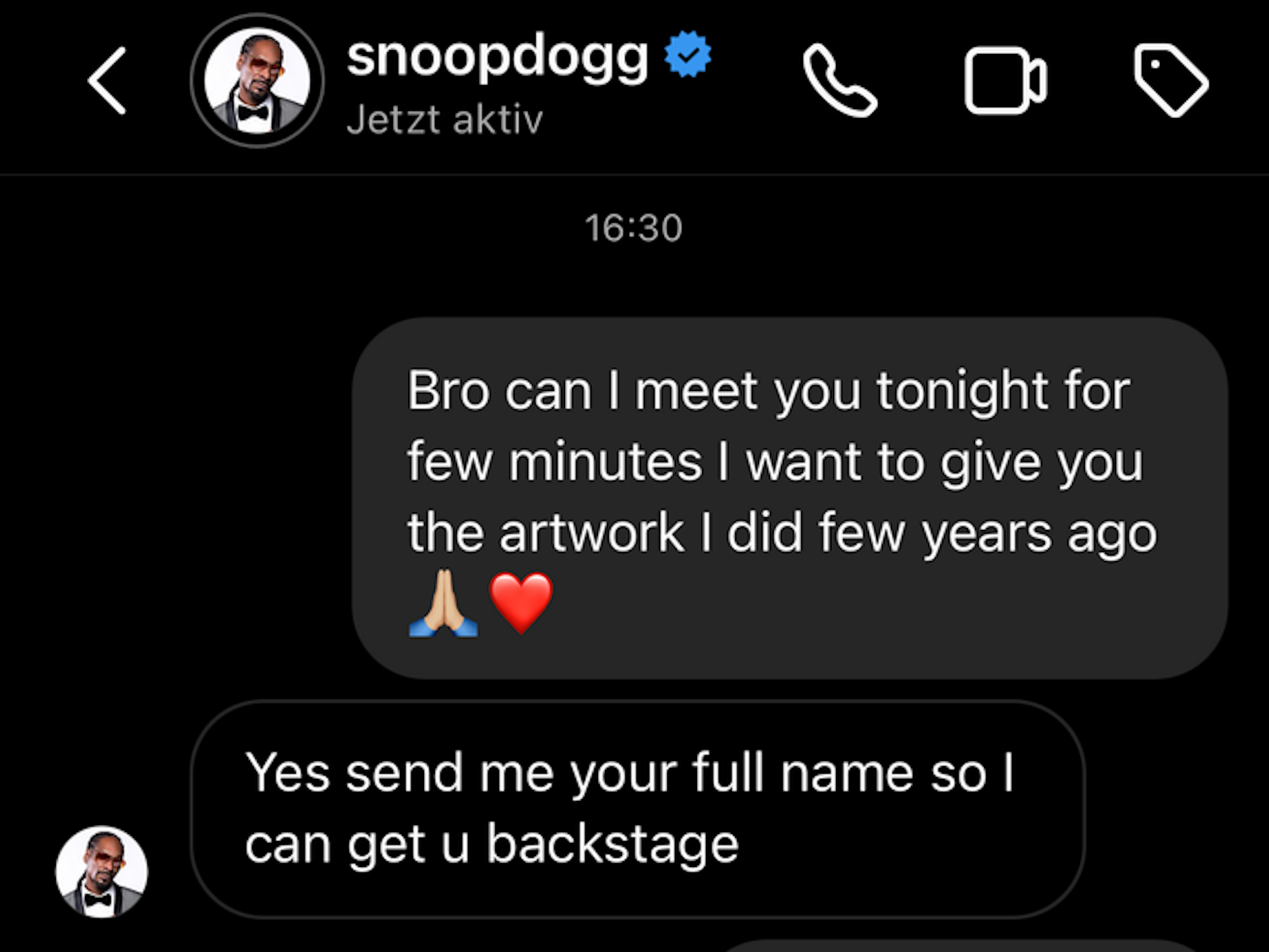 Instagram-Chatverlauf zwischen Snoop Dogg und Daniele Fuggiano