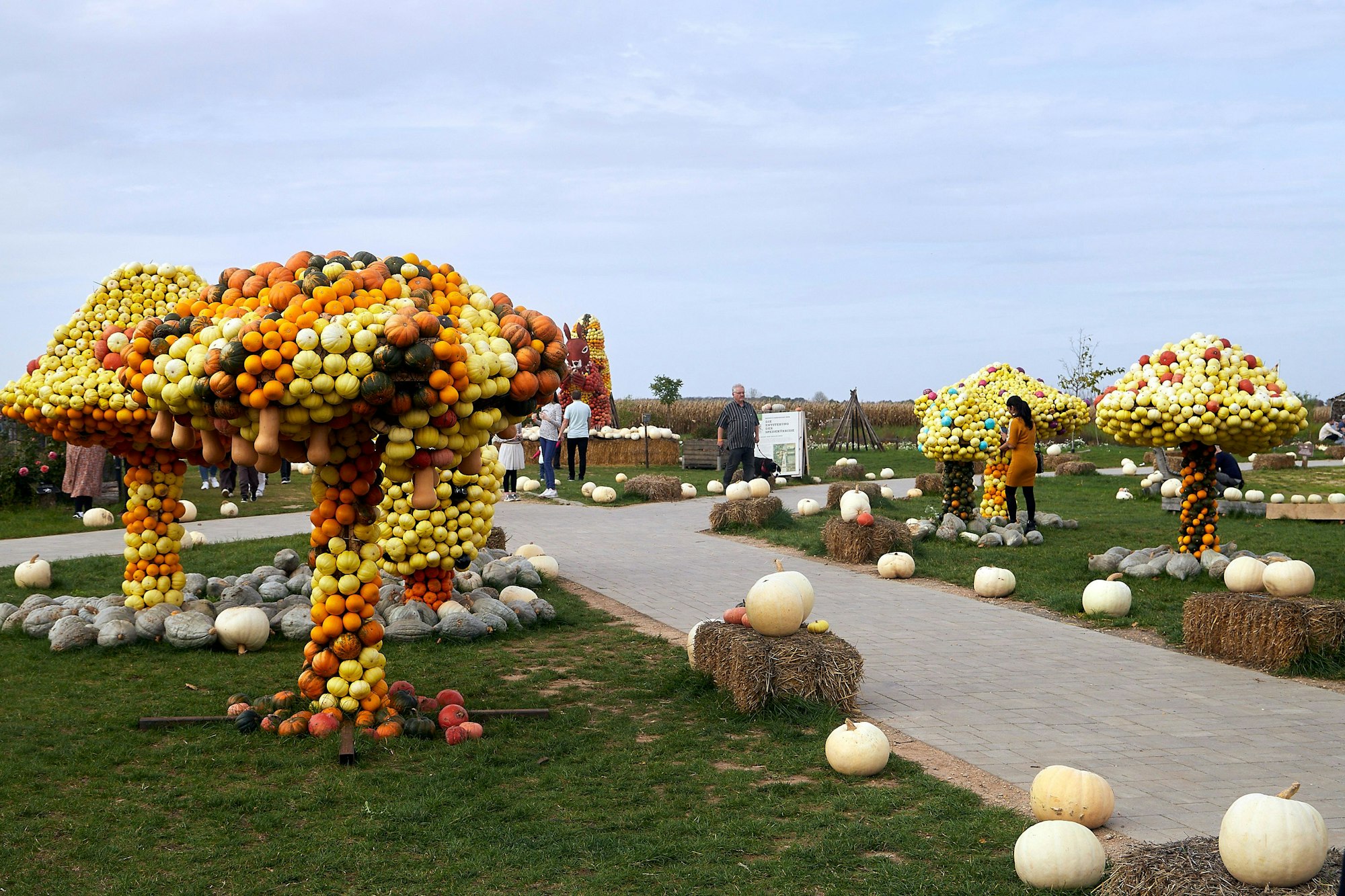 Aus Kürbissen geformte Bäume stehen in der Ausstellung.