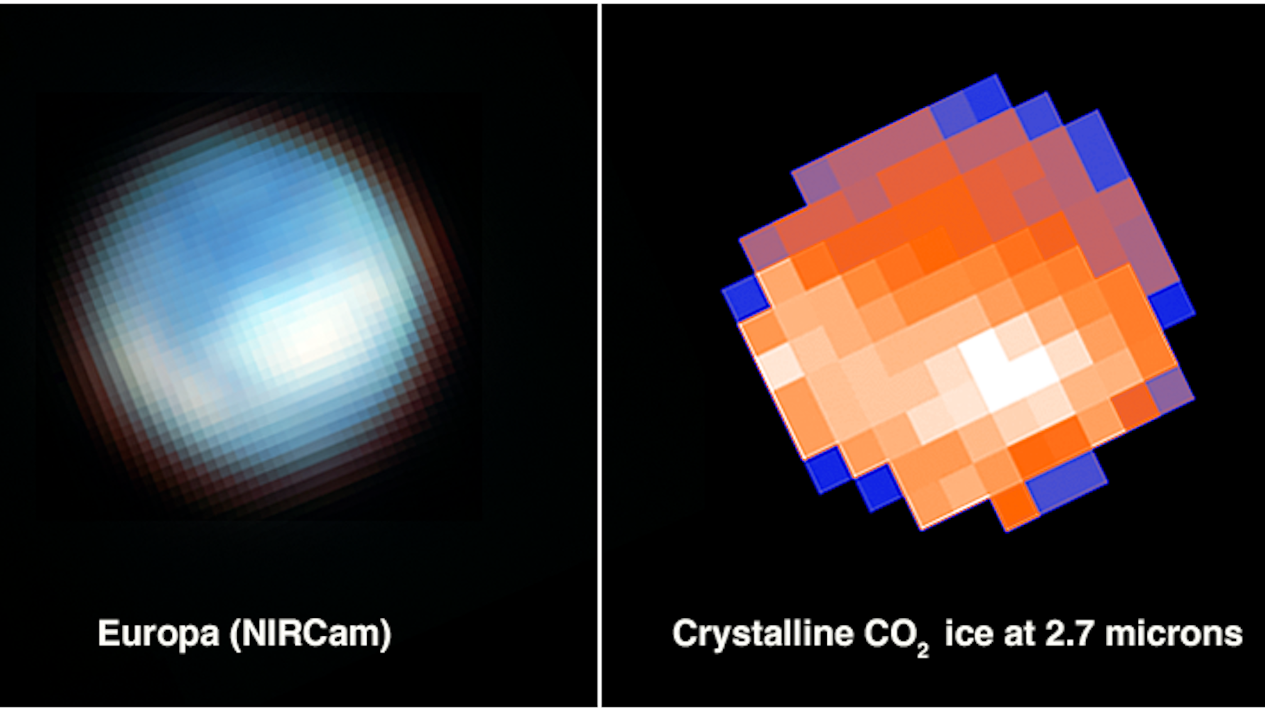 Diese Grafik zeigt die Oberfläche Europas durch die Near-InfraRed-Kamera des James-Webb-Weltraumteleskops der NASA: Forschende haben mithilfe des Teleskops Kohlenstoff auf der Oberfläche gefunden, der wahrscheinlich aus dem Ozean auf dem Mond stammt.