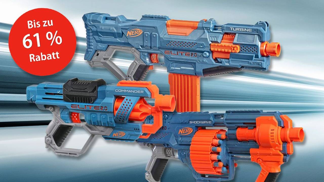 Verschiedene Modelle der Nerf Elite 2.0 Blaster.