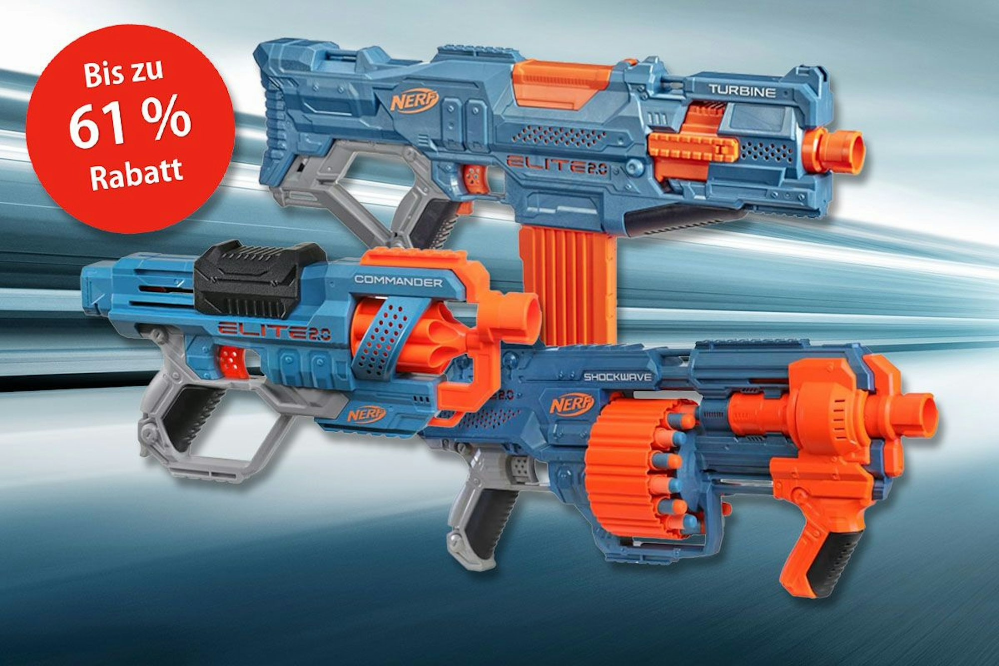Verschiedene Modelle der Nerf Elite 2.0 Blaster.