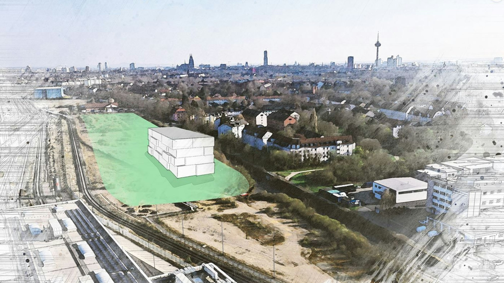 Foto einer freien Baufläche in Köln, die grün eingefärbt ist. Hier soll ein neues Quartier entstehen.