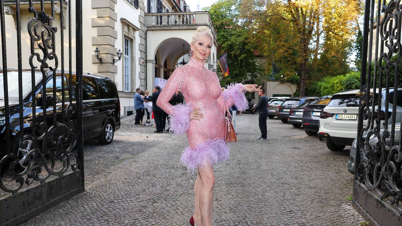 Désirée Nick posiert im transparenten Oberteil in einer Einfahrt.