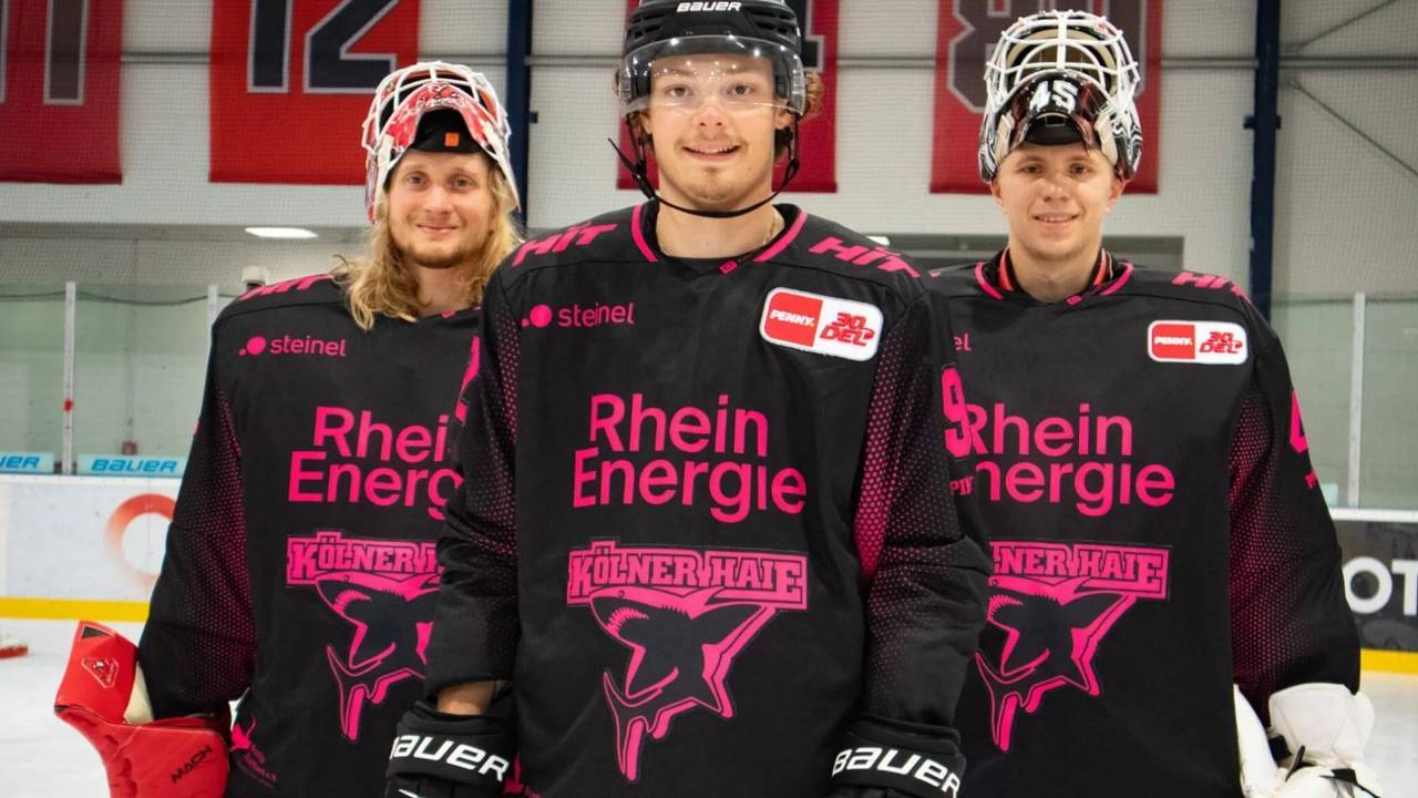 Die Pinktober-Trikots der Kölner Haie, präsentiert von Hänelt (Mitte), Pantkowski (l.) und Ancicka (r.).