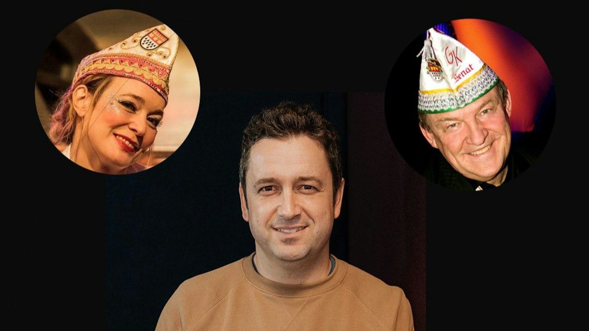 Drei Fotos von Menschen auf einem schwarzen Hintergrund.