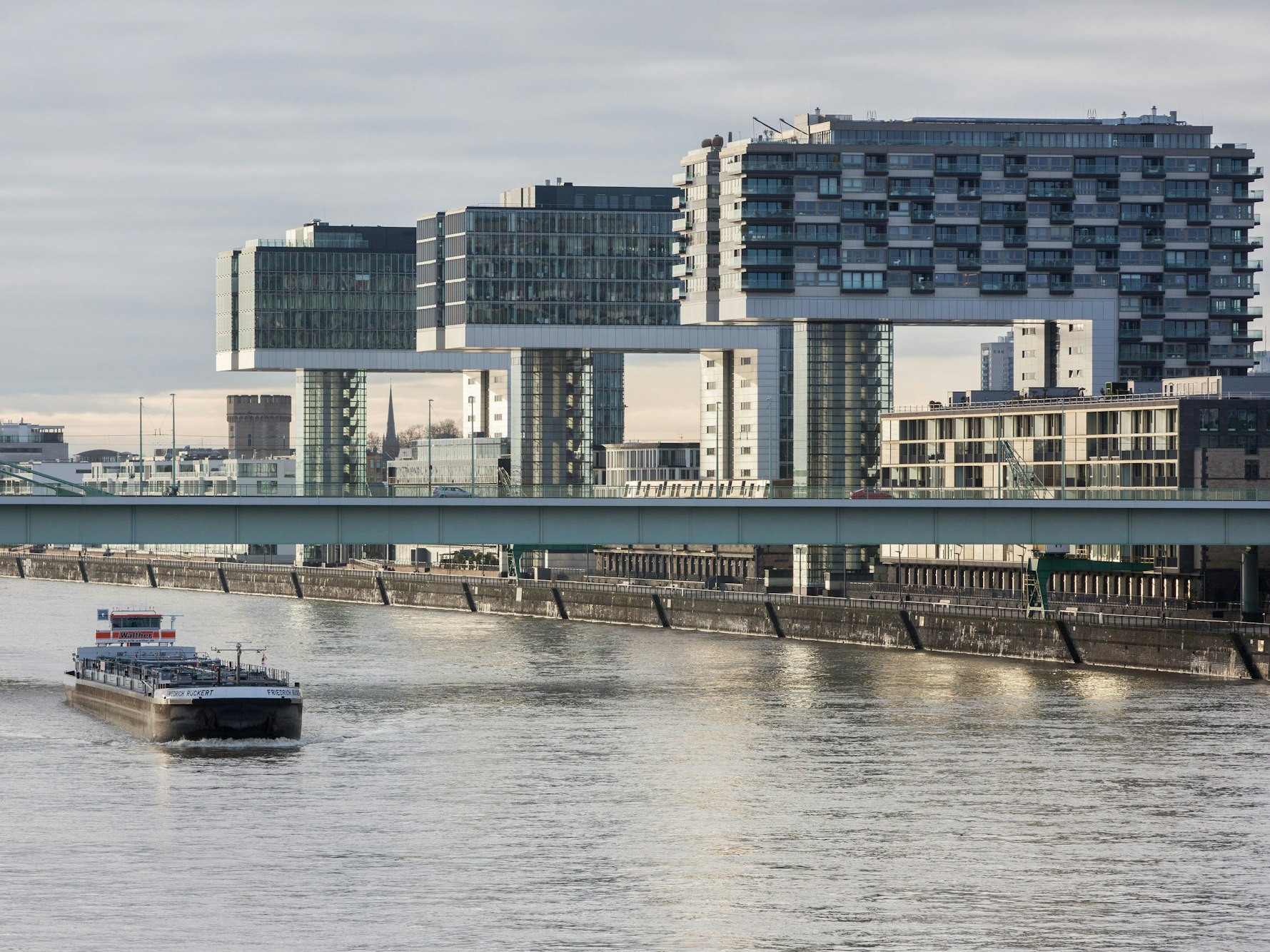 Blick auf den Rhein mit Kranhäusern.