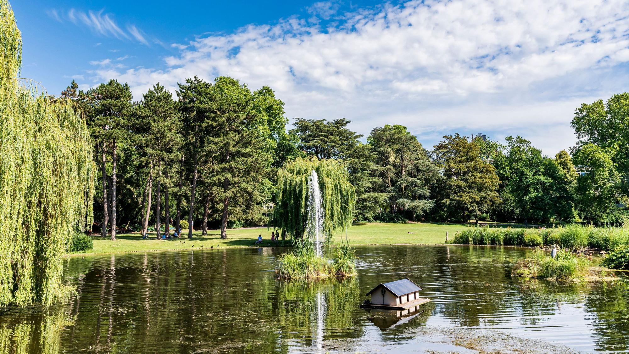 In einem See, der in einem Park liegt, sprudelt ein Springbrunnen.